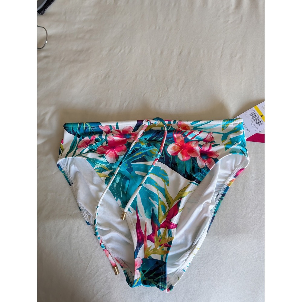 Vince Camuto Womens Tropical Floral High Waisted Bikini Bottom White Teal M
